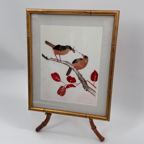 Vintage Straw Art Birds Gold Bamboo Frame Handmade Natural Fiber Artwork 11x10 - Picture 3 of 11